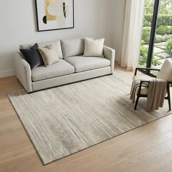 Beige And Ivory Striped Washable Area Rug With UV Protection Photo 1