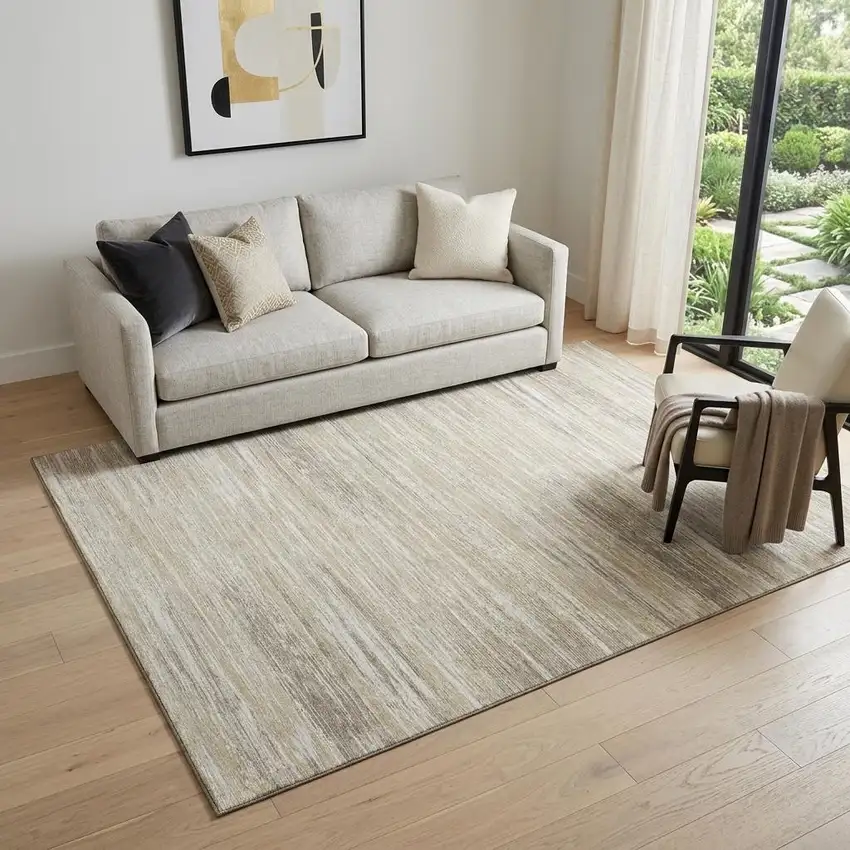 Beige And Ivory Striped Washable Area Rug With UV Protection Photo 1