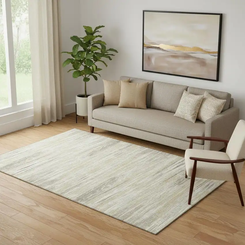 Beige And Ivory Striped Washable Area Rug With UV Protection Photo 1