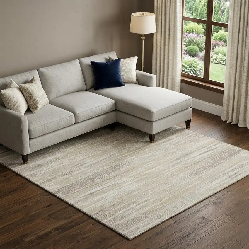 Beige And Ivory Striped Washable Area Rug With UV Protection Photo 1
