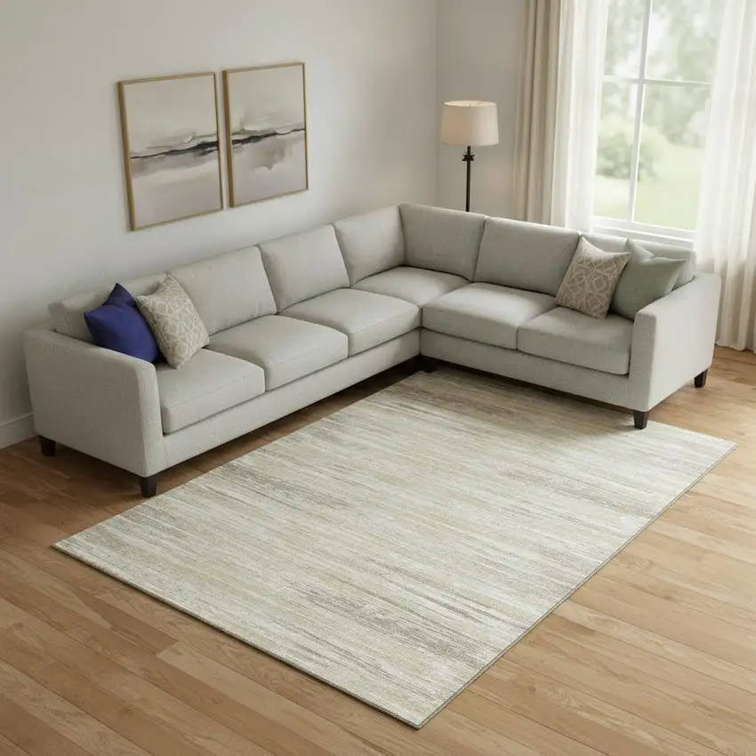 Beige And Ivory Striped Washable Area Rug With UV Protection Photo 1