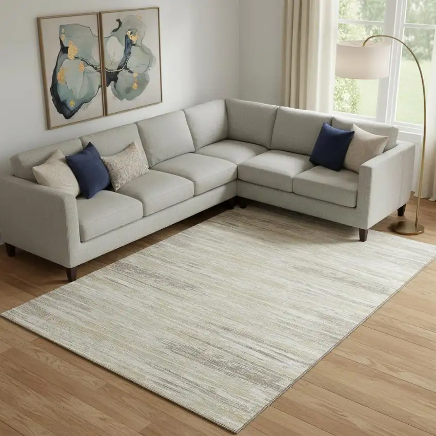 Beige And Ivory Striped Washable Area Rug With UV Protection Photo 1