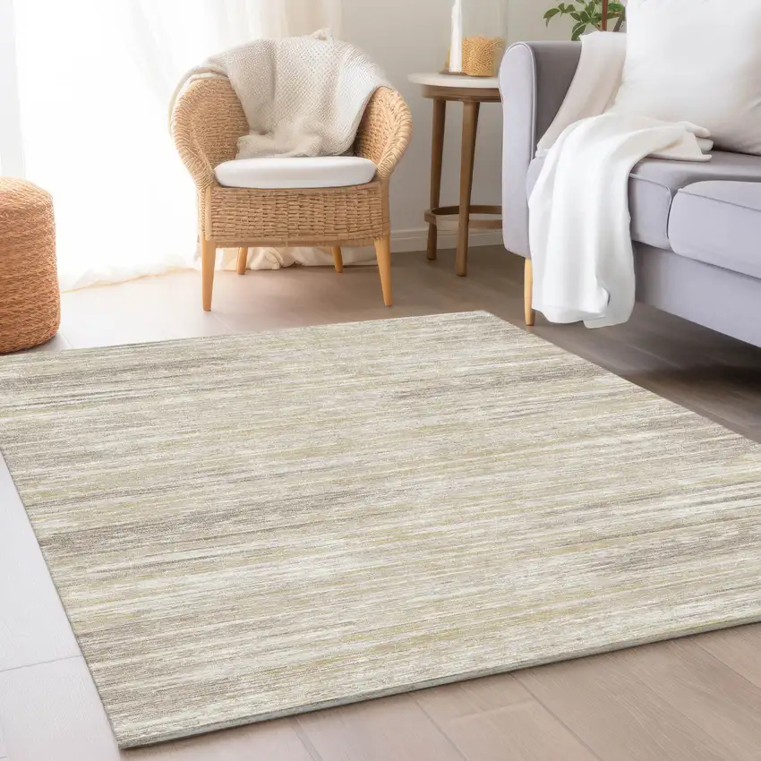 Beige And Ivory Striped Washable Area Rug With UV Protection Photo 4