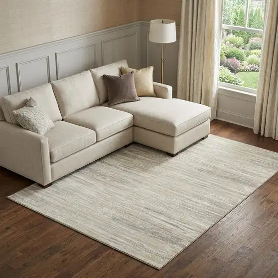 Beige And Ivory Striped Washable Area Rug With UV Protection Photo 1