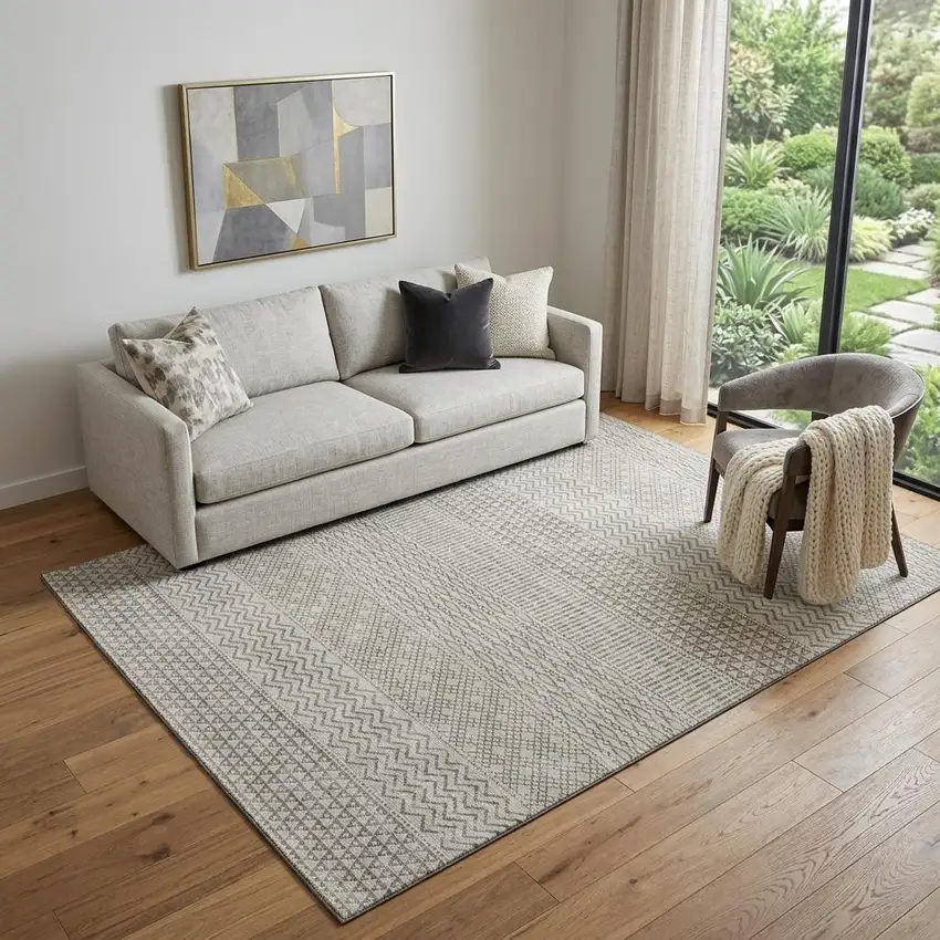 Beige And Ivory Striped Washable Area Rug With UV Protection Photo 1