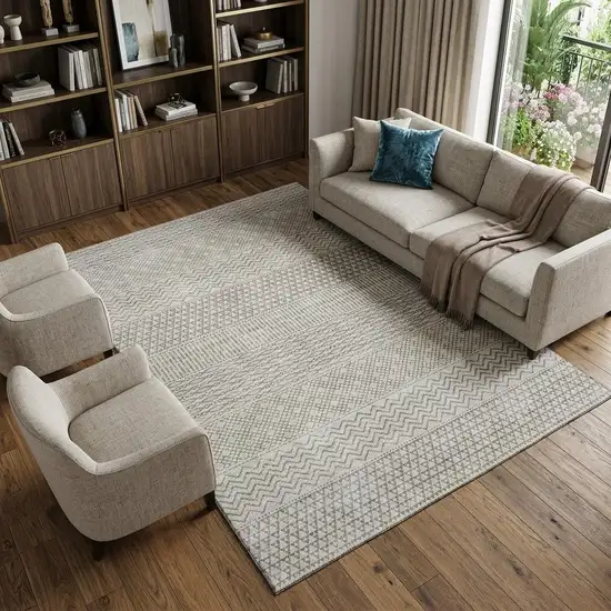 Beige And Ivory Striped Washable Area Rug With UV Protection Photo 1
