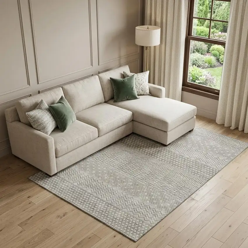 Beige And Ivory Striped Washable Area Rug With UV Protection Photo 1