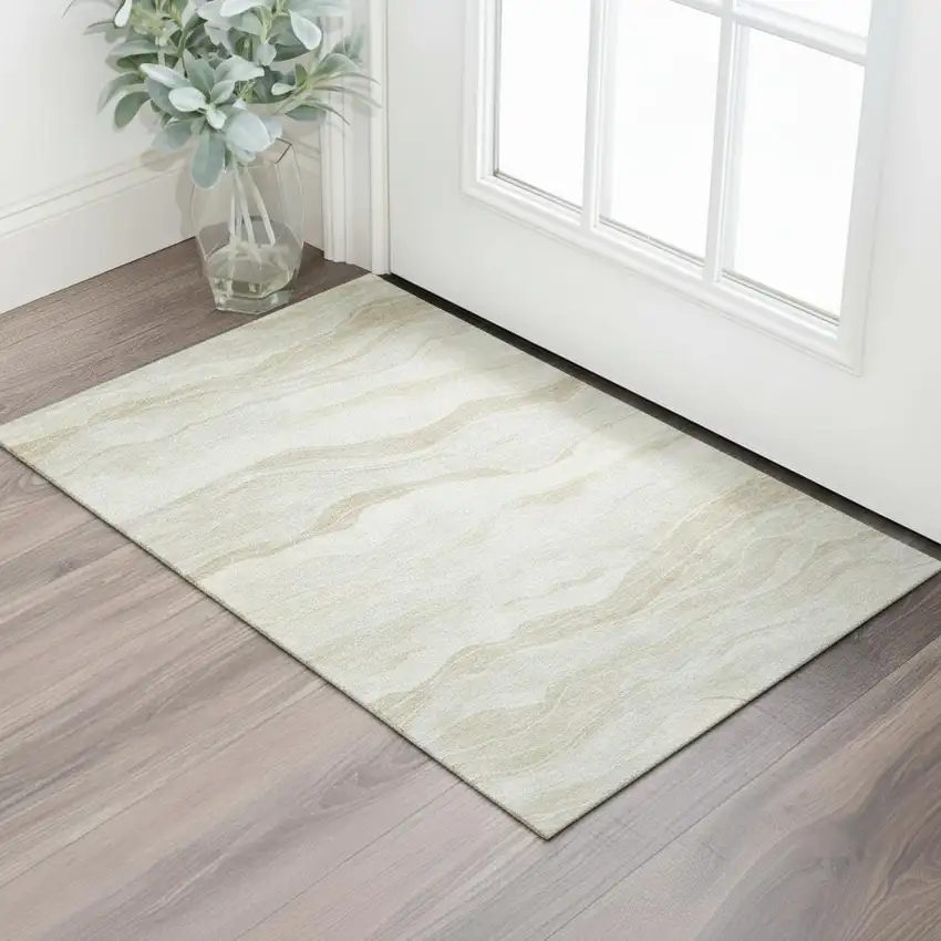 Beige And Ivory Striped Washable Area Rug With UV Protection Photo 2