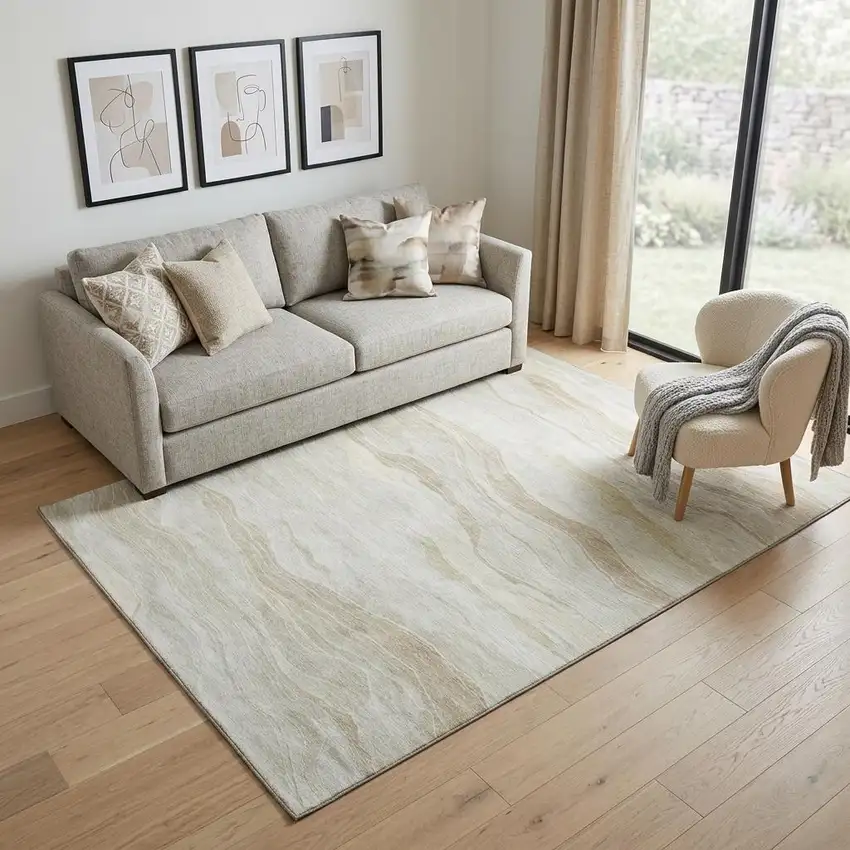Beige And Ivory Striped Washable Area Rug With UV Protection Photo 1