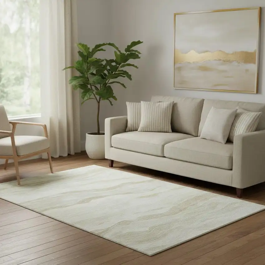 Beige And Ivory Striped Washable Area Rug With UV Protection Photo 2