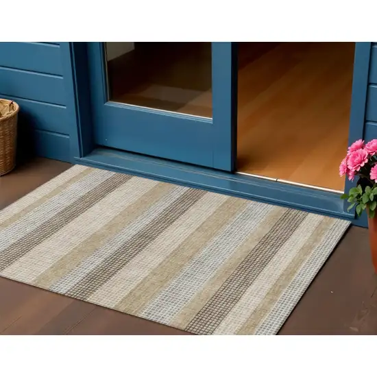 Beige And Ivory Striped Washable Indoor Outdoor Area Rug Photo 2
