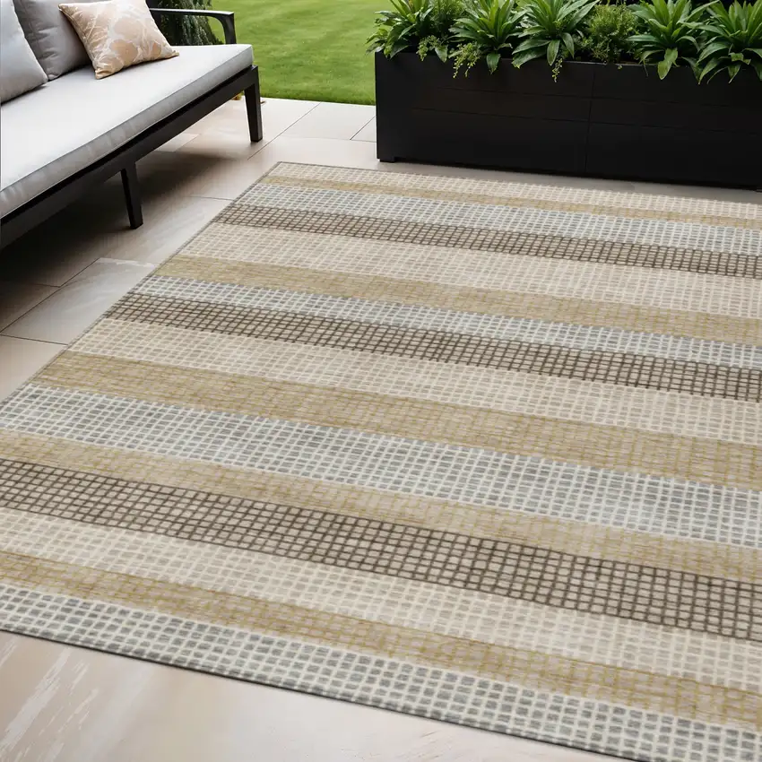 Beige And Ivory Striped Washable Indoor Outdoor Area Rug Photo 2