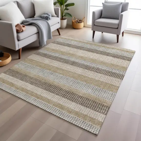 Beige And Ivory Striped Washable Indoor Outdoor Area Rug Photo 5