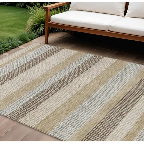 Beige And Ivory Striped Washable Indoor Outdoor Area Rug Photo 2