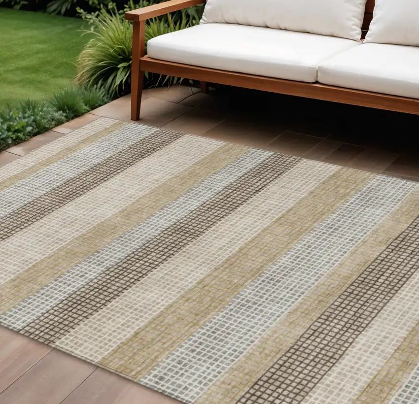 Beige And Ivory Striped Washable Indoor Outdoor Area Rug Photo 2