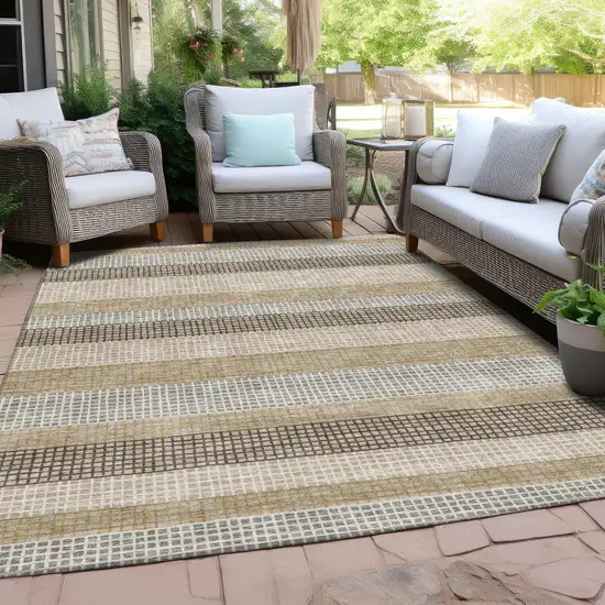 Beige And Ivory Striped Washable Indoor Outdoor Area Rug Photo 5