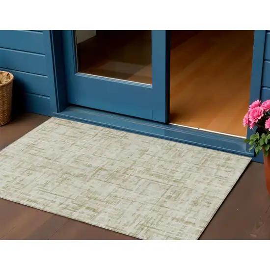 Beige And Ivory Striped Washable Indoor Outdoor Area Rug Photo 2