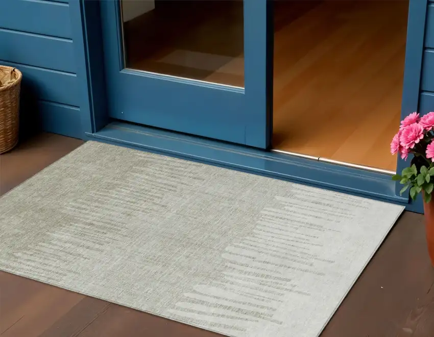 Beige And Ivory Striped Washable Indoor Outdoor Area Rug Photo 2