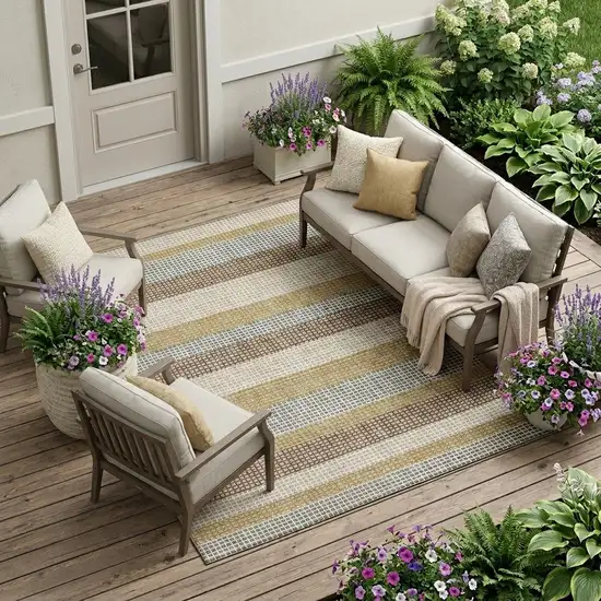 Beige And Ivory Striped Washable Indoor Outdoor Area Rug Photo 1