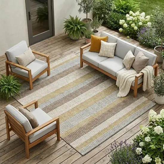 Beige And Ivory Striped Washable Indoor Outdoor Area Rug Photo 1