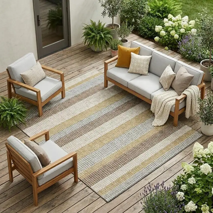 Beige And Ivory Striped Washable Indoor Outdoor Area Rug Photo 1