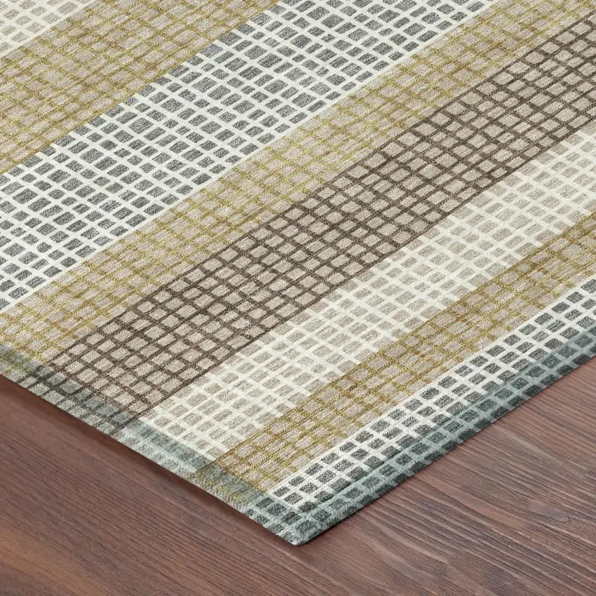 Beige And Ivory Striped Washable Indoor Outdoor Area Rug Photo 5