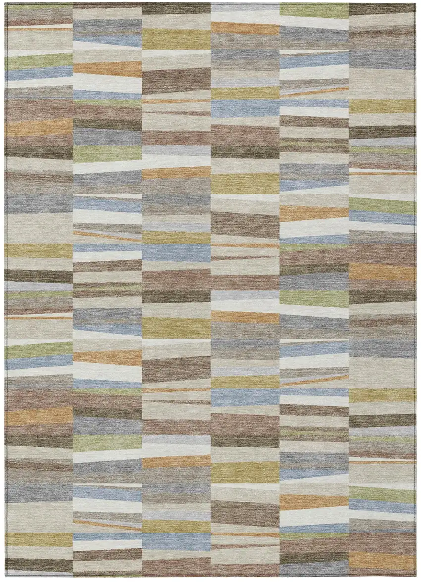 Beige And Ivory Striped Washable Indoor Outdoor Area Rug Photo 1