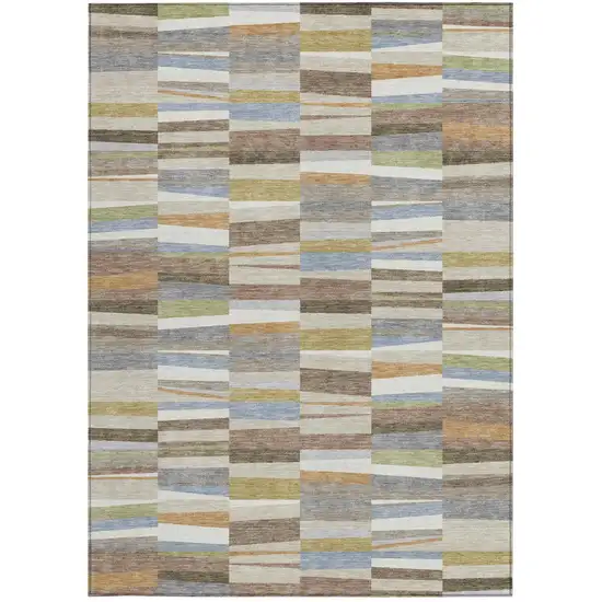 Beige And Ivory Striped Washable Indoor Outdoor Area Rug Photo 3