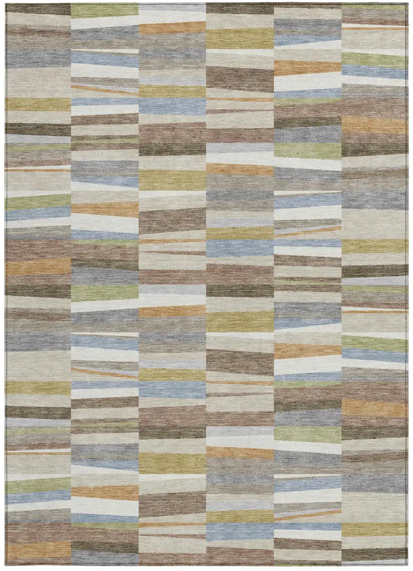 Beige And Ivory Striped Washable Indoor Outdoor Area Rug Photo 3