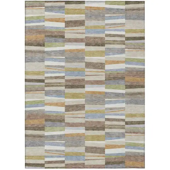 Beige And Ivory Striped Washable Indoor Outdoor Area Rug Photo 1