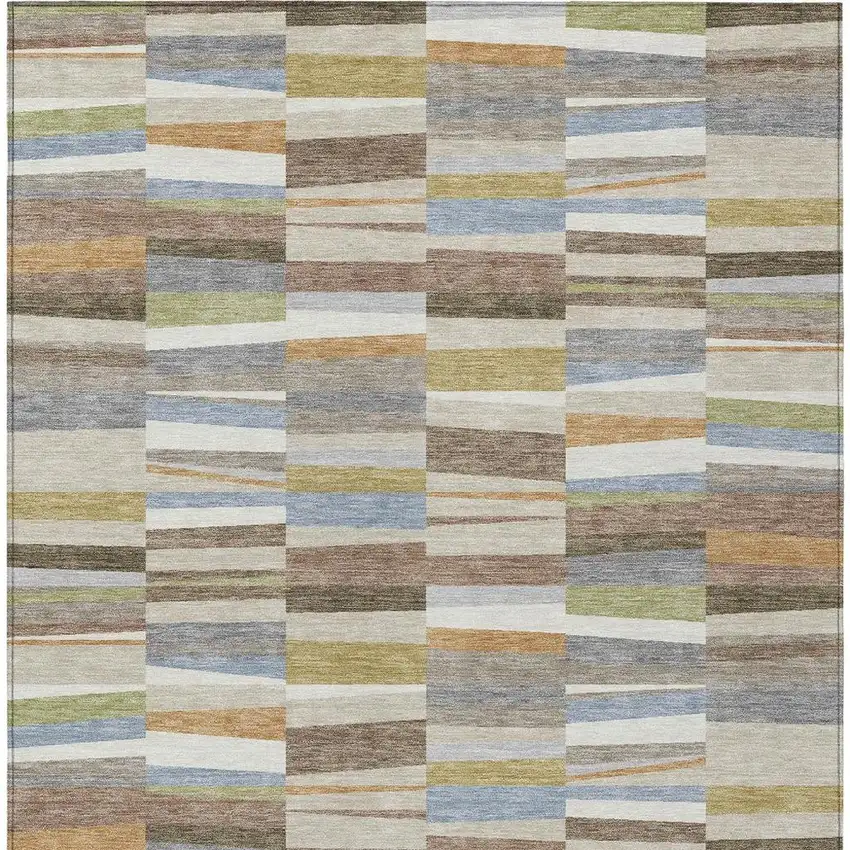 Beige And Ivory Striped Washable Indoor Outdoor Area Rug Photo 3