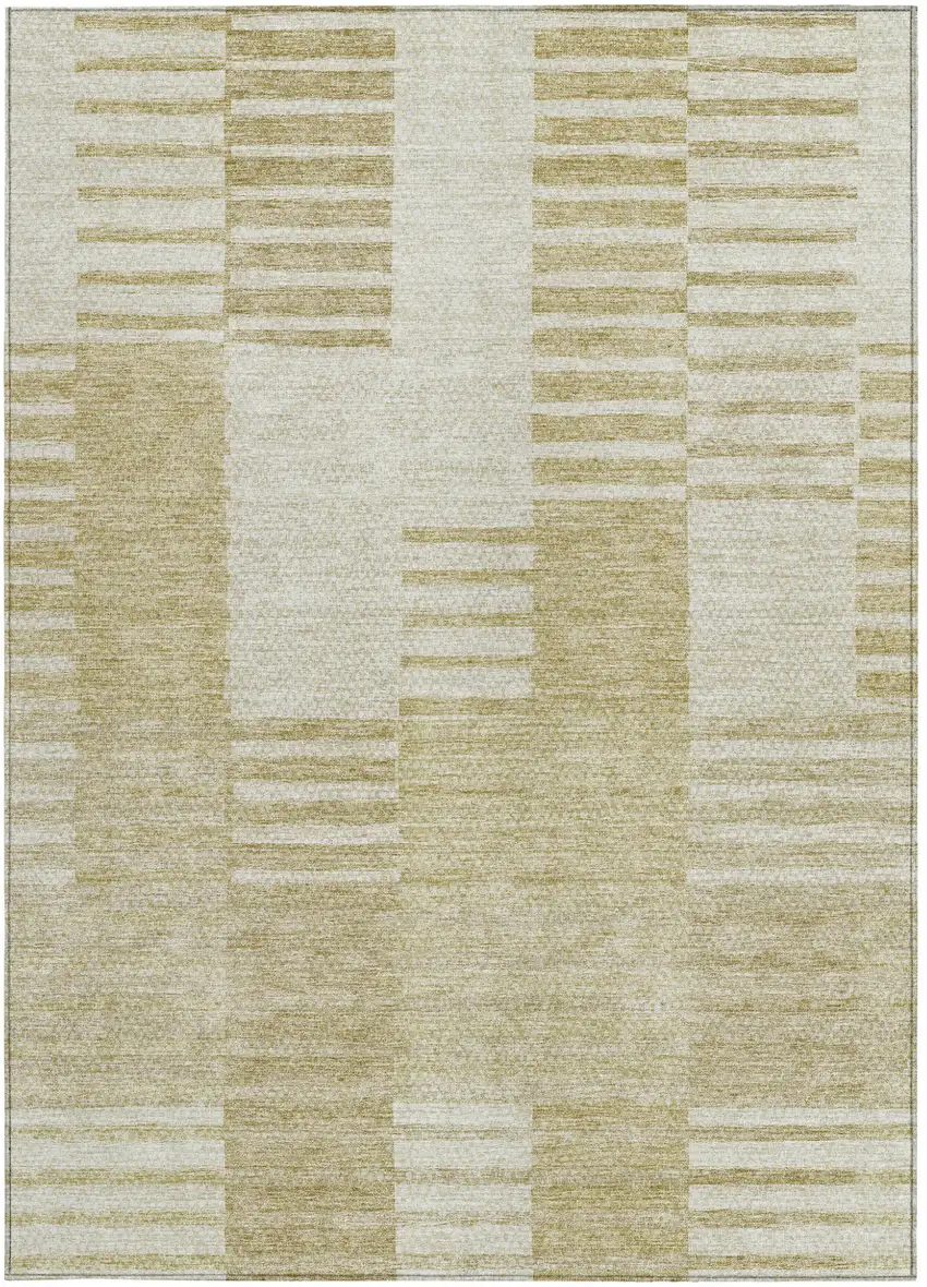 Beige And Ivory Striped Washable Indoor Outdoor Area Rug Photo 6