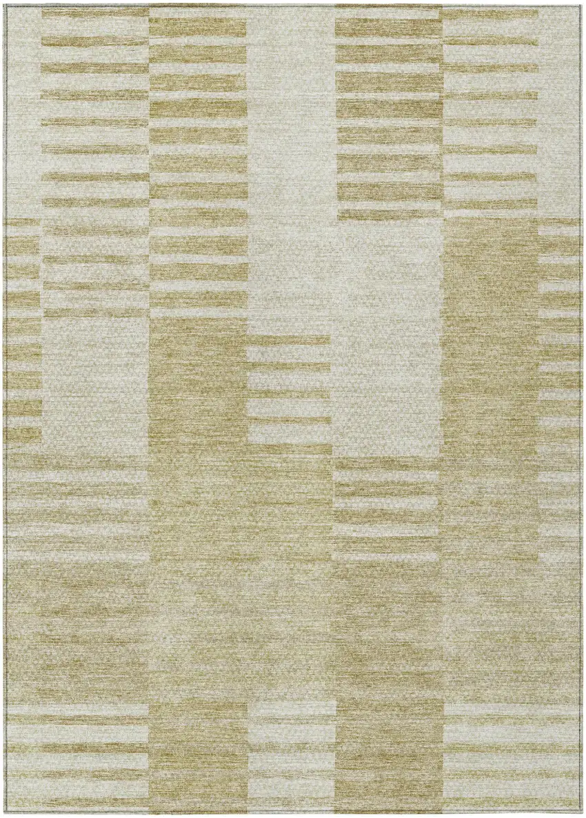 Beige And Ivory Striped Washable Indoor Outdoor Area Rug Photo 2