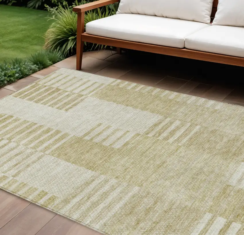 Beige And Ivory Striped Washable Indoor Outdoor Area Rug Photo 1