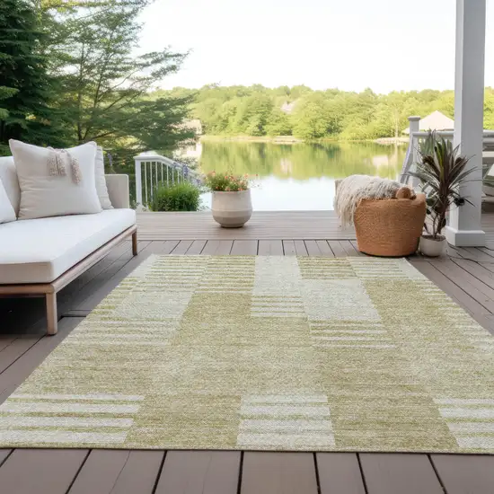Beige And Ivory Striped Washable Indoor Outdoor Area Rug Photo 9