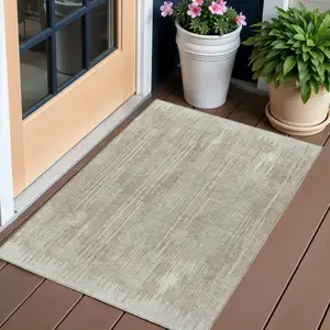 Photo of Beige And Ivory Striped Washable Indoor Outdoor Area Rug