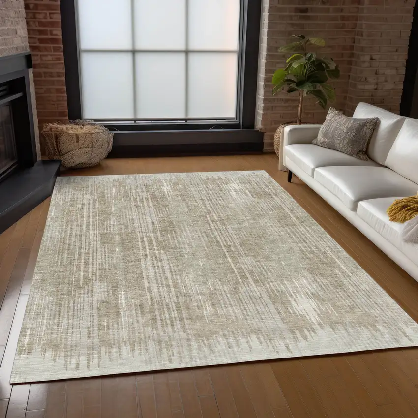 Beige And Ivory Striped Washable Indoor Outdoor Area Rug Photo 9