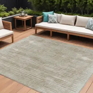 Photo of Beige And Ivory Striped Washable Indoor Outdoor Area Rug