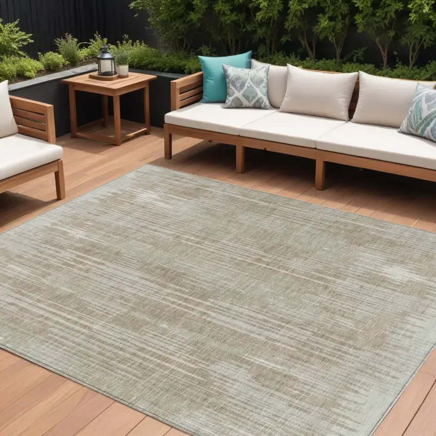 Beige And Ivory Striped Washable Indoor Outdoor Area Rug Photo 1
