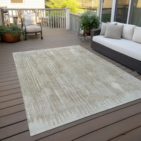 Beige And Ivory Striped Washable Indoor Outdoor Area Rug Photo 8