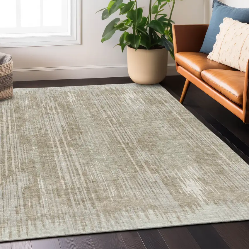 Beige And Ivory Striped Washable Indoor Outdoor Area Rug Photo 9