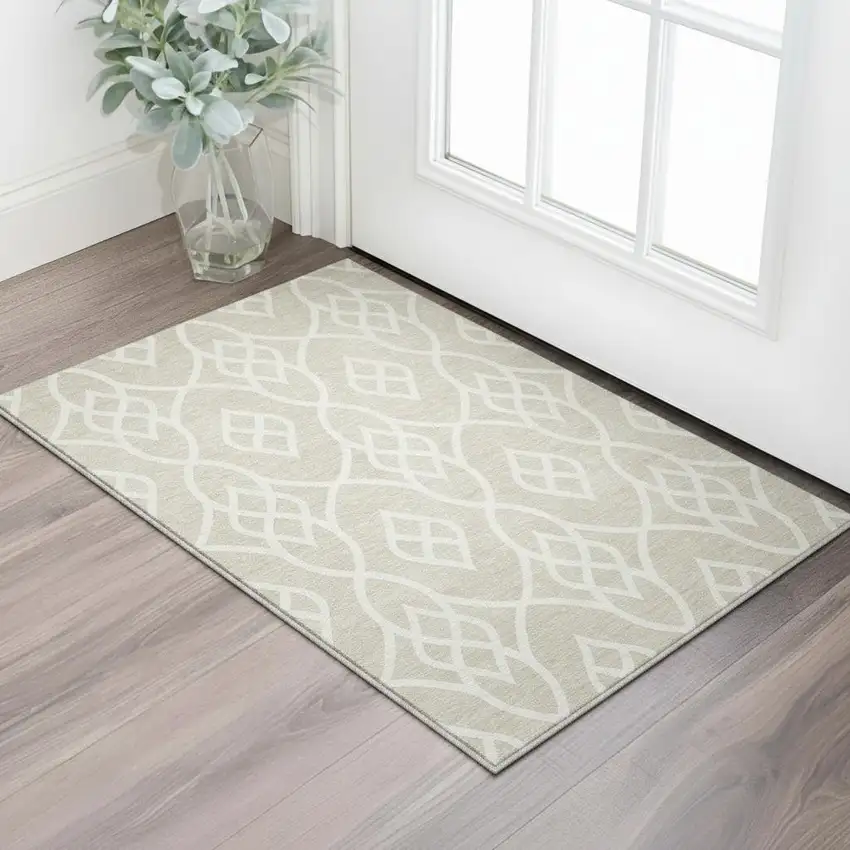 Beige And Ivory Trellis Washable Area Rug With UV Protection Photo 2