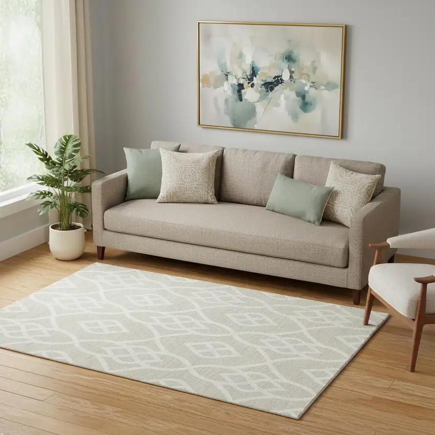 Beige And Ivory Trellis Washable Area Rug With UV Protection Photo 1