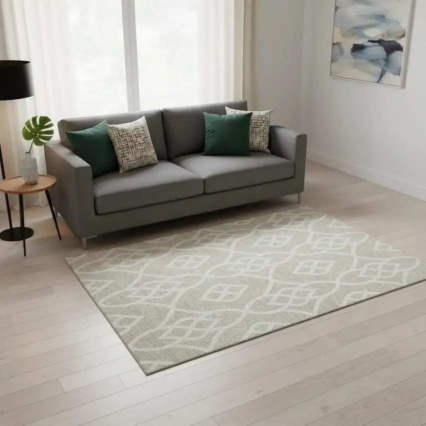 Beige And Ivory Trellis Washable Area Rug With UV Protection Photo 2