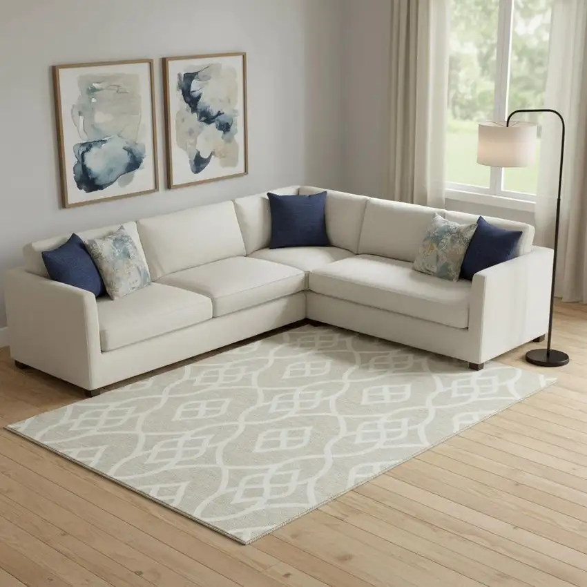 Beige And Ivory Trellis Washable Area Rug With UV Protection Photo 1