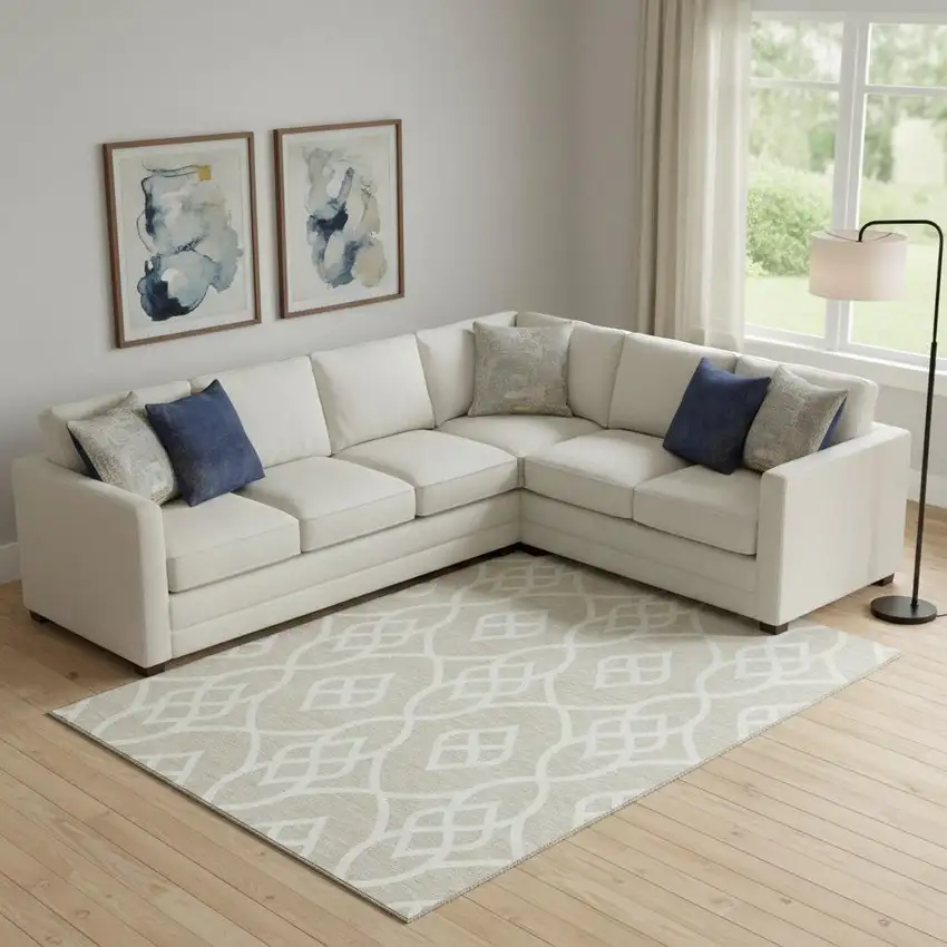 Beige And Ivory Trellis Washable Area Rug With UV Protection Photo 1