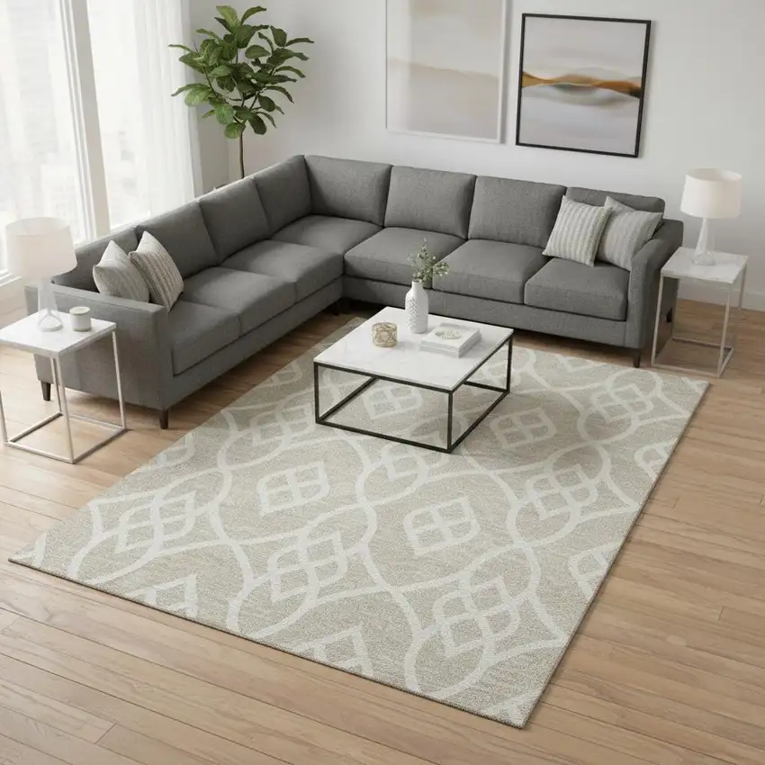 Beige And Ivory Trellis Washable Area Rug With UV Protection Photo 2