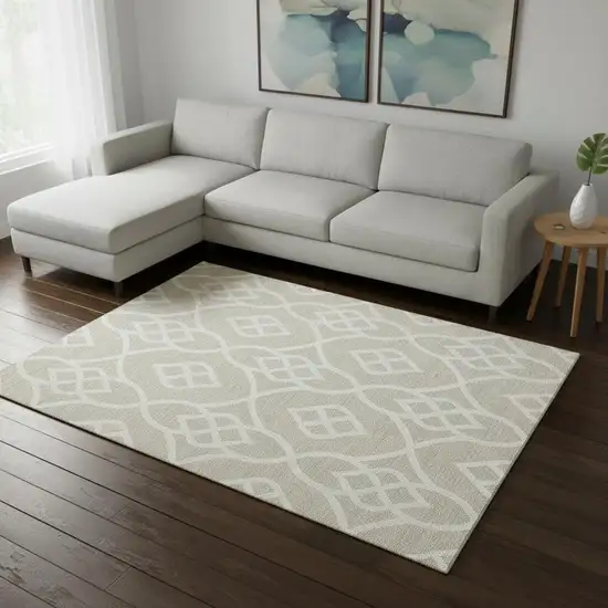Beige And Ivory Trellis Washable Area Rug With UV Protection Photo 2