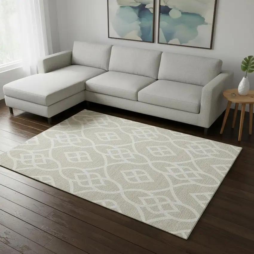 Beige And Ivory Trellis Washable Area Rug With UV Protection Photo 2