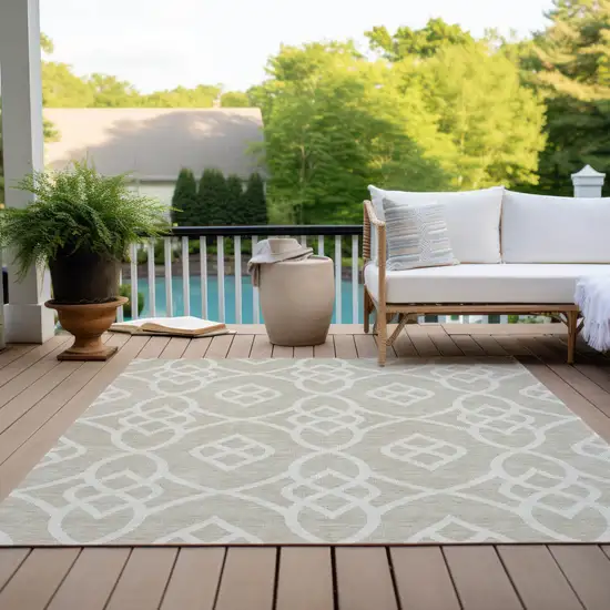 Beige And Ivory Trellis Washable Indoor Outdoor Area Rug Photo 9